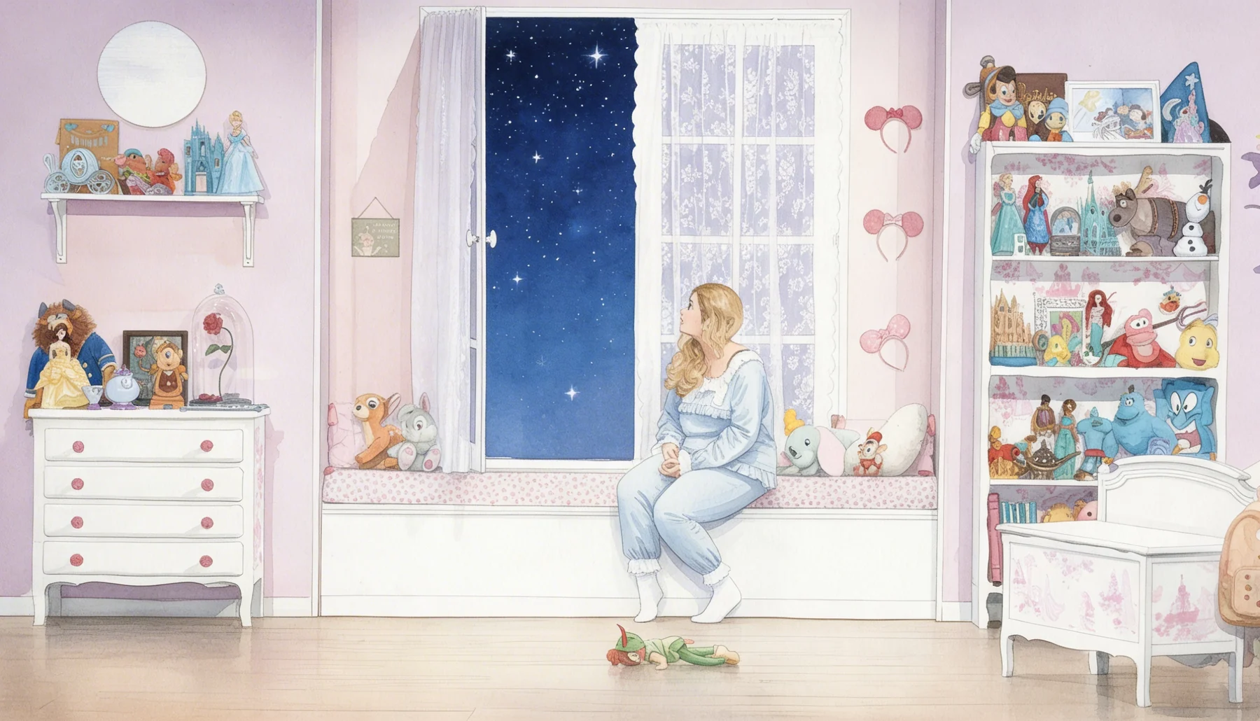 Émilie, assise à sa fenêtre, regarde le ciel étoilé au milieu de ses souvenirs d'enfance